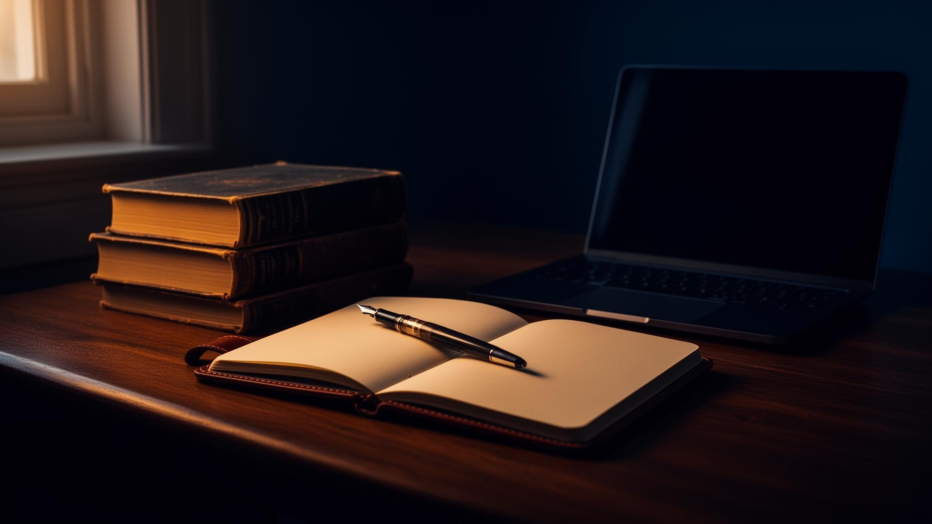 A writing desk with notebook, pen, and books in warm low light